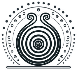 Stylized swirling spiral design with concentric circles and decorative dots ancient cultural symbol artwork
