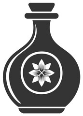 Elegant dark bottle with decorative floral emblem and cork stopper