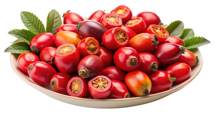 Fresh ripe red rose hips, leaves, ceramic bowl, healthy food