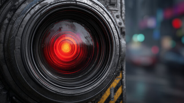 Close-up of a glowing red futuristic camera lens or robotic eye in a dark cyberpunk city background with neon lights. - Powered by Adobe