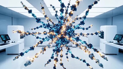 A central glowing abstract molecular structure hovers in a futuristic, white lab - Powered by Adobe