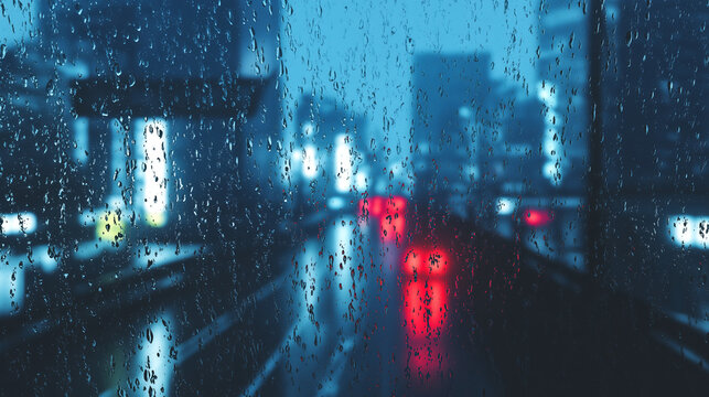 Raindrops on glass with blurred city lights and traffic at night creating a moody urban atmosphere.