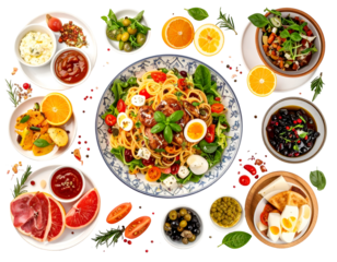 A colorful and appetizing pasta dish surrounded by various fresh side dishes and condiments on a table