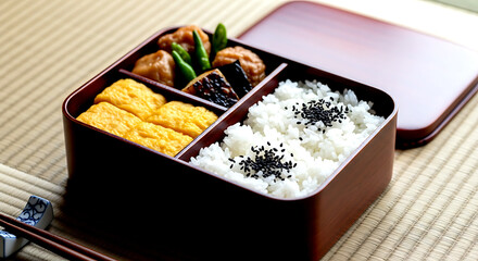 Wabi-sabi aesthetic of a meticulously arranged bento box (jubako) with compartments of tamagoyaki, steamed rice with black sesame, and grilled vegetables, on a tatami mat texture