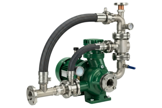 Industrial water pump system connected to stainless steel pipes on a transparent background