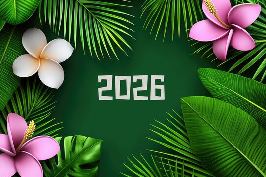 plumeria flowers and palm leaves framing white 2026 text on green background for tropical new-year greeting card or postcard template designs
