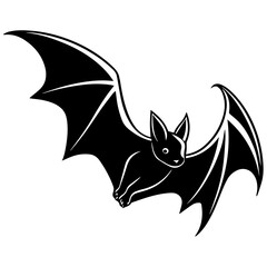 Fototapeta premium Black graphic illustration of a flying bat with detailed wings and a white outline on a white background