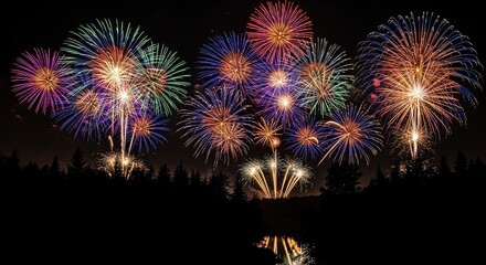 Fireworks display over dark forest landscape