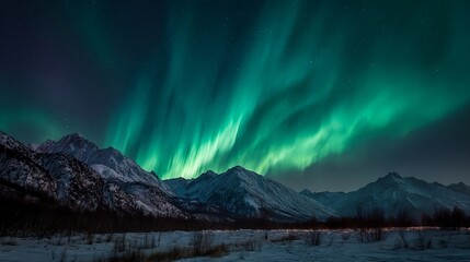 Northern lights over snow-capped mountain peaks