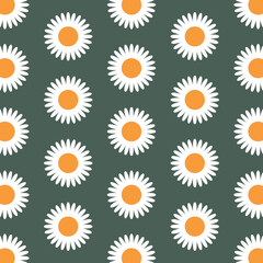 seamless daisy flower pattern with white petals and orange centers on dark green background. Cute botanical floral repeat design for textiles, packaging, wallpapers, and decorative themes