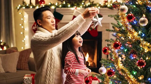 Adult and child decorating Christmas tree with silver star in cozy room with fireplace and stockings.