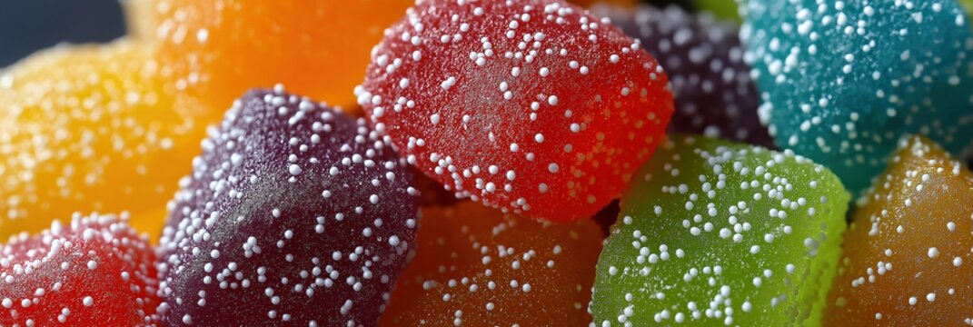 Vibrant close-up of sugary colorful jelly candies with textured coating