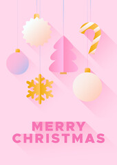 Minimalistic pink card with Christmas decorations. Bright Christmas greeting poster.