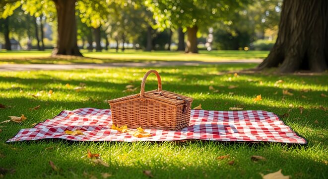 Picnic basket on checkered blanket in park