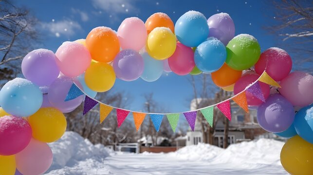 A vibrant balloon arch and colorful party banners adorn a snowy winter landscape under a bright blue sky with falling snowflakes