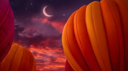 Obraz premium Colorful hot air balloons float serenely across a dramatic twilight sky under a crescent moon and twinkling stars