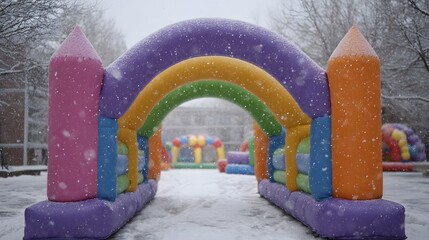 A vibrant rainbow colored inflatable archway stands in a snowy winter landscape