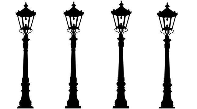Four vintage street lamps in black silhouette, creating a classic and elegant urban scene with a touch of nostalgia and charm