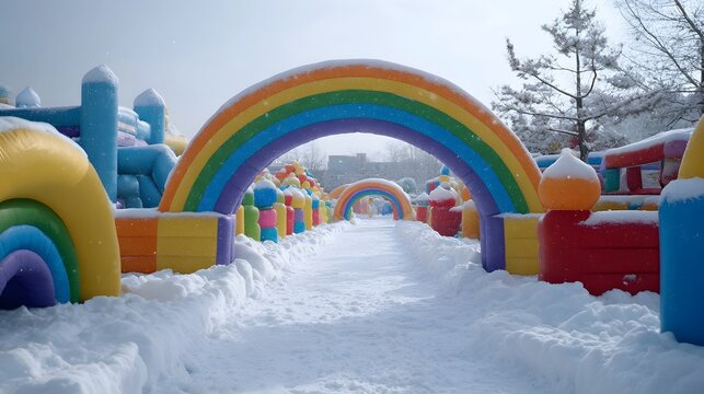 Colorful inflatable playground with rainbow arches covered in snow