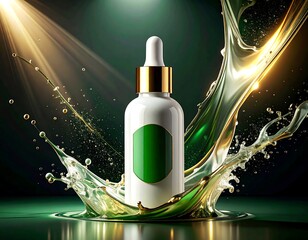Concept of natural beauty and advanced skincare with a white dropper bottle standing in a splash of green essence under dramatic golden lighting