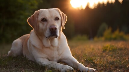 A calm golden Labrador Retriever lies in the warm soft light of the golden hour resting peacefully on a grassy field