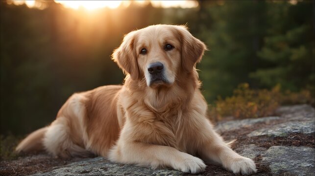 A Golden Retriever dog rests peacefully outdoors in the warm glow of golden hour sunlight - Powered by Adobe