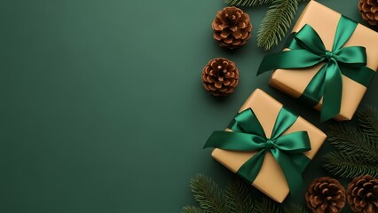 Elegant christmas gifts with green ribbon on dark green background