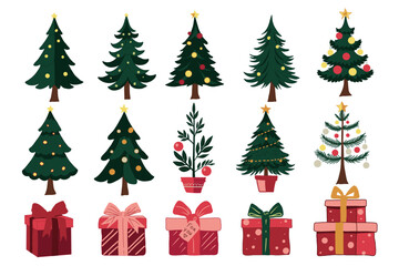 Cute Christmas set of Christmas trees and gift boxies. Hand drawn vector winter illustrations.