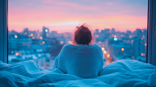 Solitary figure in bed gazing at vibrant pink and blue cityscape during serene sunset or sunrise, reflecting on urban tranquility from cozy window view - Powered by Adobe