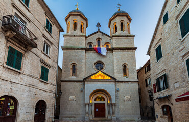 Fototapeta premium The Church of St. Nicholas a Serbian Orthodox church in the city ok Kotor at dusk. Montenegro.