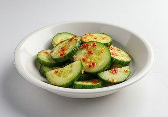 Vibrant close-up of fresh cucumber slices tossed in a fiery red chili garlic sauce, ready to be enjoyed as a savory appetizer or side dish ,texture ,salad ,pungent