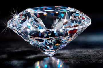 Large Sparkling Diamond on Dark Reflective Surface
