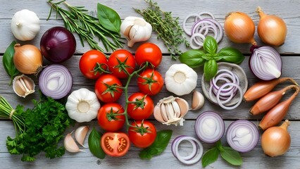 Fresh vegetables and herbs flat lay arrangement on wooden surface