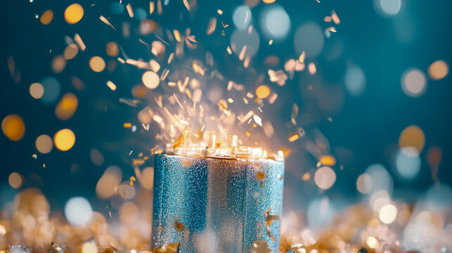 Vibrant, close-up shot of glittering blue cylinder exploding with shower of golden confetti and bright sparkles, set against dreamy teal bokeh background, evoking celebration and magic.