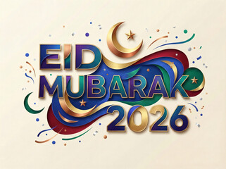 Festive eid mubarak 2026 greeting with crescent moon and stars