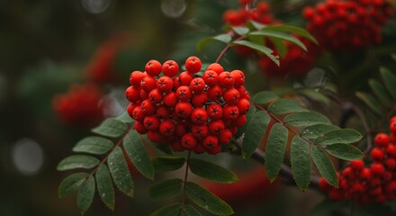 Vibrant clusters of bright red rowan berries adorn a small tree, showcasing the beauty of autumn foliage and natural bounty ,park ,leaves ,ornamental