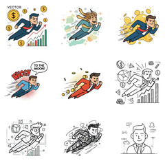 Set of Nine Businessman Characters Flying Fast with Graph and Money for Business Success Concept