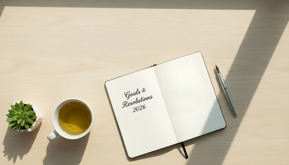 Open notebook with "Goals & Resolutions 2026" on a wooden desk, accompanied by a tea mug and succulent, in natural sunlight.