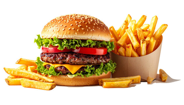 Delicious burger and fries fast food meal isolated on solid white background Png 2