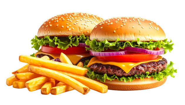 Delicious burger and fries fast food meal isolated on solid white background Png3