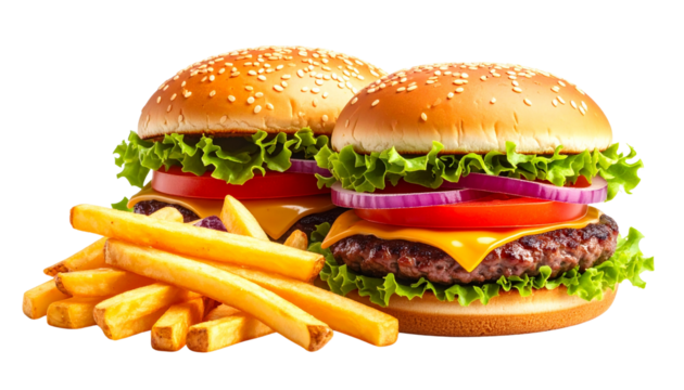 Delicious burger and fries fast food meal isolated on solid white background Png3