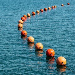 Vibrant cluster of marine channel buoys defining the waterway during a clear and hot afternoon on the tranquil coastal sea ,summer ,surface ,water
