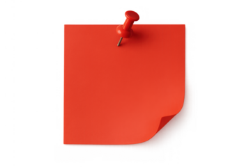 Red sticky note pinned to transparent background, blank reminder or memo for important message and communication