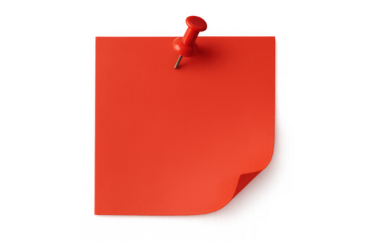 Red sticky note pinned to transparent background, blank reminder or memo for important message and communication