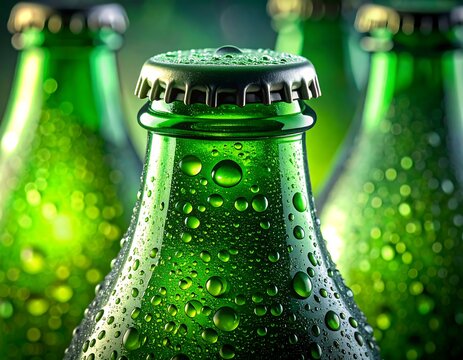 A collection of chilled green glass bottles with water drops, symbolizing refreshment and celebration on a summer day - Powered by Adobe