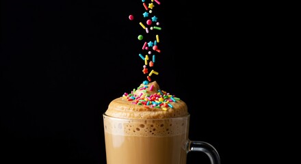 Vibrant coffee beverage, artfully topped with a playful cascade of colorful sprinkles, offering a delightful and sweet visual treat for a cozy moment ,break ,happy ,foam