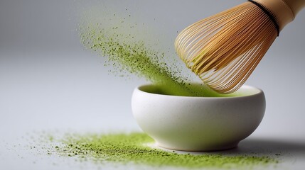 Matcha powder being whisked with bamboo whisk, soft dust particles on white
