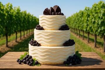 A refined three-tier semi-naked cake with wave-like buttercream frosting and elegant dark chocolate decorations, placed on a rustic wooden table in a bright vineyard