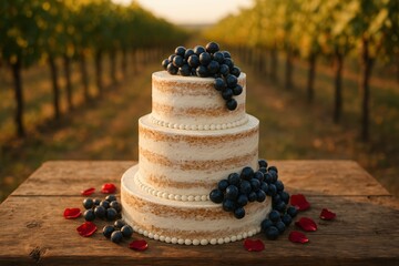 A rustic three-tier semi-naked cake decorated with dark grapes and red rose petals sits on a wooden table in a sunlit vineyard, bathed in warm golden light that evokes a countryside celebration.