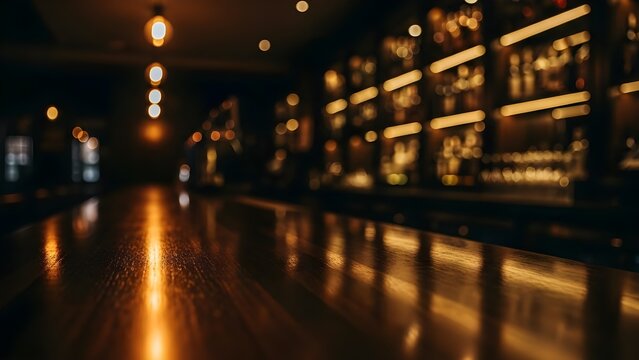 Warmly lit out of focus bar interior with a polished wooden counter reflecting ambient golden light and shelves of liquor bottles